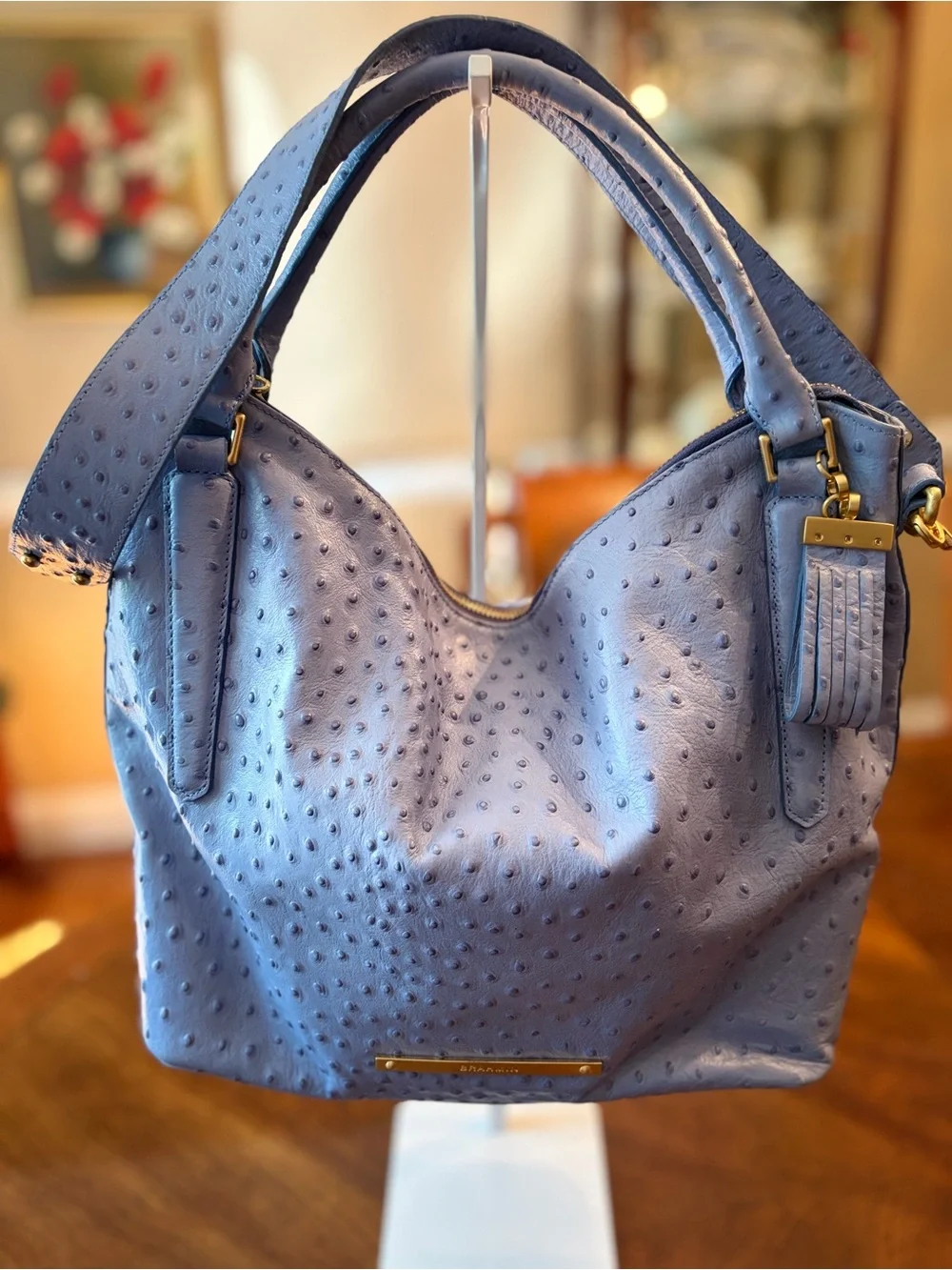 Brahmin Dusty Blue Ostrich-Embossed Hobo Bag